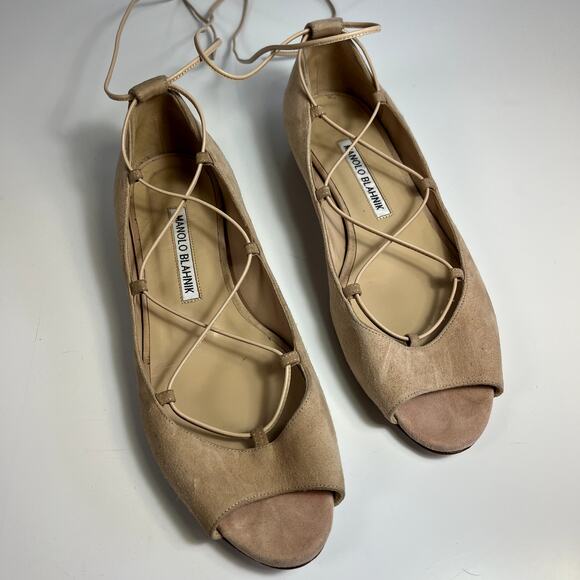 Manolo Blahnik Lace Up Espadrille Flats Peep Toe Suede Nude Size 6 / 36.5 Italy - Picture 3 of 7